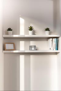 a white shelf with potted plants and books on it at Nouvo Apartments in Wellington