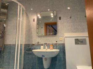 y baño con lavabo, ducha y espejo. en Kauris Apartament en Gdansk