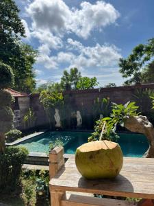 a swimming pool in a garden with a vase on a table at Wisnu Lumbung Uluwatu in Uluwatu