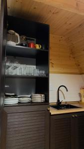 a kitchen with a sink and a shelf with plates at Sun House in Batumi