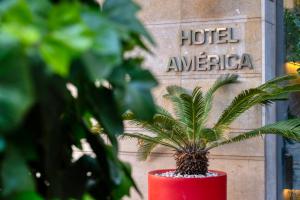 una planta en una olla roja delante de un hotel América en Hotel America Barcelona, en Barcelona