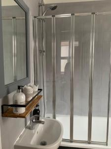 a bathroom with a shower and a white sink at Beautiful Brighton Home in Brighton & Hove +14 photos