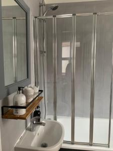 a bathroom with a shower and a white sink at Beautiful Brighton Home in Brighton & Hove