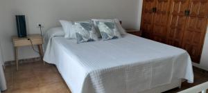 ein Schlafzimmer mit einem weißen Bett mit Kissen darauf in der Unterkunft Vivienda Vacacional Playa La Arena in Puerto de Santiago + 18 Fotos