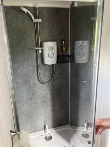 una ducha con una puerta de cristal junto a un lavabo en Shepherds Hut with Hot Tub en Wells