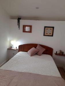 a bedroom with a bed with two pillows on it at Grandma villa in Pataias