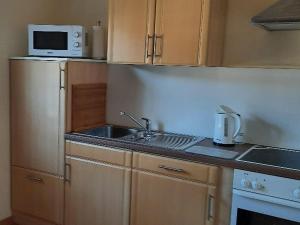 eine kleine Küche mit einer Spüle und einer Mikrowelle in der Unterkunft Ferienwohnung Klute in Allendorf