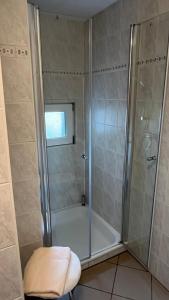a shower with a glass door in a bathroom at Ferienhaus Elke in Zinnowitz