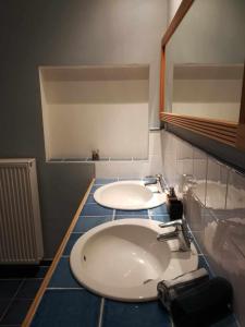 La salle de bains est pourvue de 2 lavabos et d'un miroir. dans l'établissement Mégi des Aguesses, à Andenne