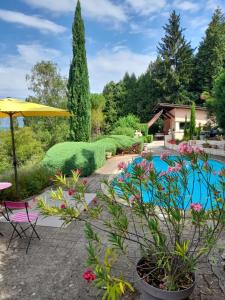 um jardim com uma piscina e um guarda-sol amarelo em LACUSTRA em Chindrieux