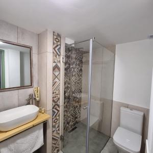 uma casa de banho com um chuveiro, um WC e um lavatório. em River House Boutique Hotel em Yerevan