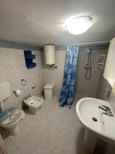 a bathroom with a toilet and a sink and a shower at GRAZIOSO SEMINTERRATO IN POSIZIONE CENTRALE in Marina di Mancaversa