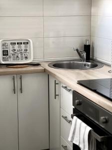 a kitchen with a sink and a microwave at Studio Apartman Lucija in Osijek