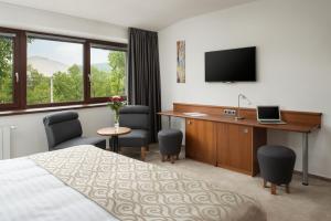 Habitación de hotel con cama, escritorio y TV. en Penzion Integrity, en Brno