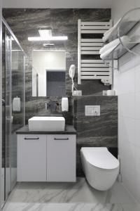 a bathroom with a toilet and a sink and a mirror at Dworek Różany Hotel & Restauracja in Namysłów