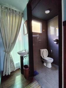 a bathroom with a toilet and a sink and a window at Highland Homestay Kundasang in Ranau