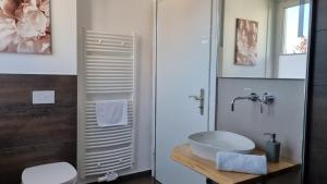 ブラウンラーゲにあるFerienhaus Sauerzapf mit Saunabereich 16 Personenの白い洗面台とシャワー付きのバスルーム +31枚の写真