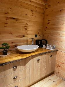 uma casa de banho com um lavatório numa cabina de madeira em CİVRA BUNGALOV em Sürmene