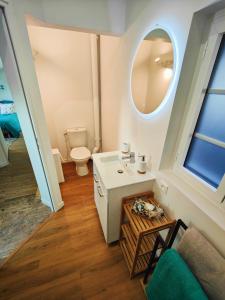 a bathroom with a sink and a toilet and a mirror at La maison du bien-être 