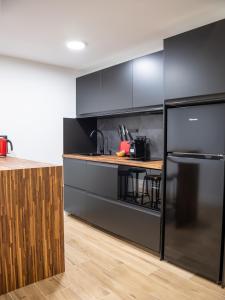 uma cozinha com armários pretos e um frigorífico preto em VR OBREGON APARTMENTS em Madrid