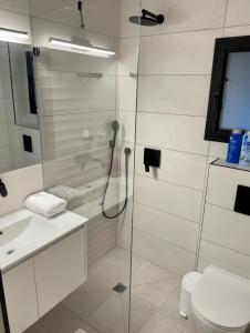 a bathroom with a glass shower with a toilet at Suite In White in ‘Akko