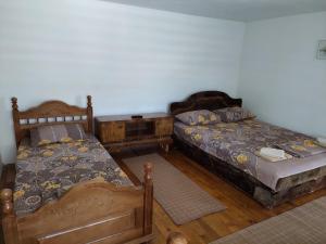 two twin beds in a room with wooden floors at DOBRA VODA in Vojno Selo +2 photos