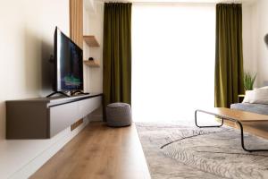 sala de estar con TV y sofá en Emerald Apartment en Baia Mare