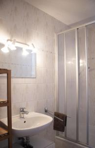 a bathroom with a sink and a shower at Ferienwohnung Brunkhorst in Krakvitz in Putbus
