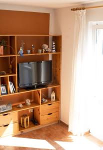 a living room with a television on a wooden shelf at Ferienwohnung Brunkhorst in Krakvitz in Putbus