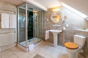 La salle de bains est pourvue d'une douche, de toilettes et d'un lavabo. dans l'établissement SaarlandTraum Weihermühle, à Schmelz