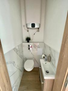 a white bathroom with a toilet and a sink at Boutique HomeR1274 Apartment #3bedroom #freeparking in Budapest