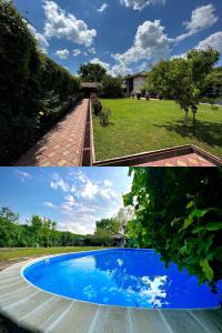 Dos imágenes de una piscina azul en un patio. en Villa Jardin - Novosel, en Novosel