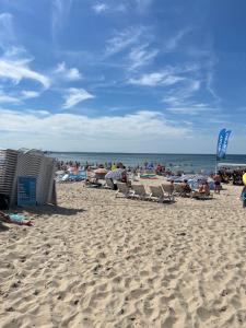 un groupe de personnes assises sur une plage dans l'établissement Villa Nadzieja, à Międzyzdroje