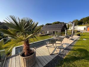 un palmier dans un panier sur une terrasse en bois dans l'établissement Chalet Romantik, à Freyung