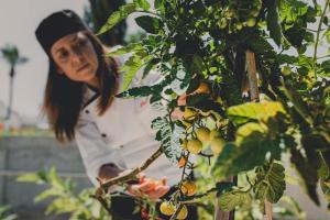 kobieta stoi obok drzewa owocowego w obiekcie Latchi Escape Hotel and Suites - By IMH Travel & Tours w mieście Neo Chorio
