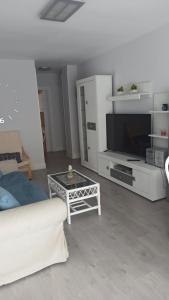ein Wohnzimmer mit einem Sofa, einem TV und einem Tisch in der Unterkunft MyHome in Noja