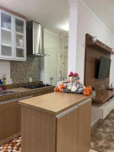 a kitchen with a kitchen island with a counter top at Apartamento Mari 4 in São Carlos