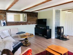 ein Wohnzimmer mit einem Sofa und einem TV in der Unterkunft Waterfront Cottage (Fishing Opportunities!) in Ålesund