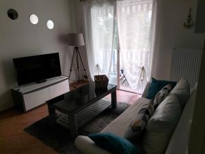 ein Wohnzimmer mit einem Sofa, einem Tisch und einem TV in der Unterkunft SCI LA FORGE in Antibes