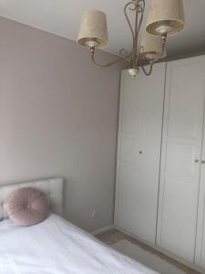 a bedroom with white cabinets and a pink pillow on a bed at Zaciszny dom in Szczecin