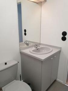 biała łazienka z umywalką i toaletą w obiekcie Beau studio à deux pas de la gare - Kerlaouen w mieście Saint-Brieuc