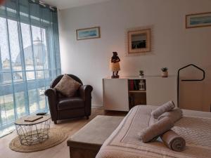 ein Wohnzimmer mit einem Bett und einem Stuhl in der Unterkunft Beau studio à deux pas de la gare - Kerlaouen in Saint-Brieuc