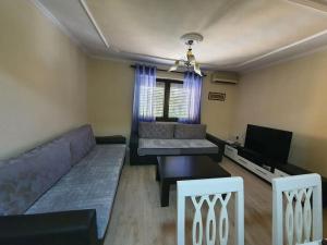 uma sala de estar com um sofá e uma televisão em Fantastic 2 bedroom Apartment em Tirana