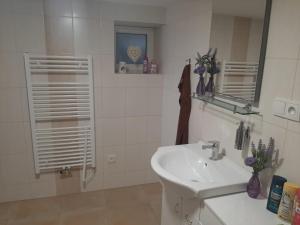 a white bathroom with a sink and a mirror at Apartmán LUKA in Buchlovice