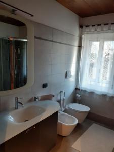een badkamer met een wastafel, een toilet en een spiegel bij Camera con vista in Calalzo