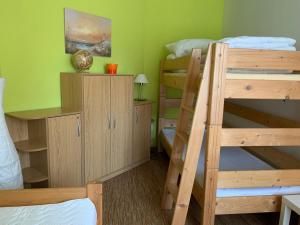 - une chambre avec 2 lits superposés et un bureau dans l'établissement Karlov pod Pradědem Apartmány Orbit, à Karlovy Vary