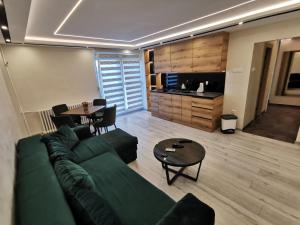 a living room with a green couch and a table at Princ Lux jaccuzi and sauna with free parking in Novi Sad