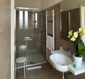 a bathroom with a shower and a sink and a toilet at Hotel Aquila in Castelfranco Emilia