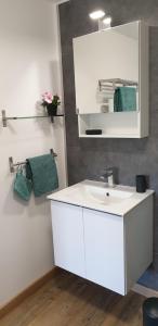 a bathroom with a white sink and a mirror at Détente champêtre, maisonnette rénovée en 2023 