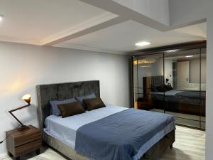 una camera con un grande letto e uno specchio di Whole Apartment at The Heart of Sisli Nisantasi K a Istanbul